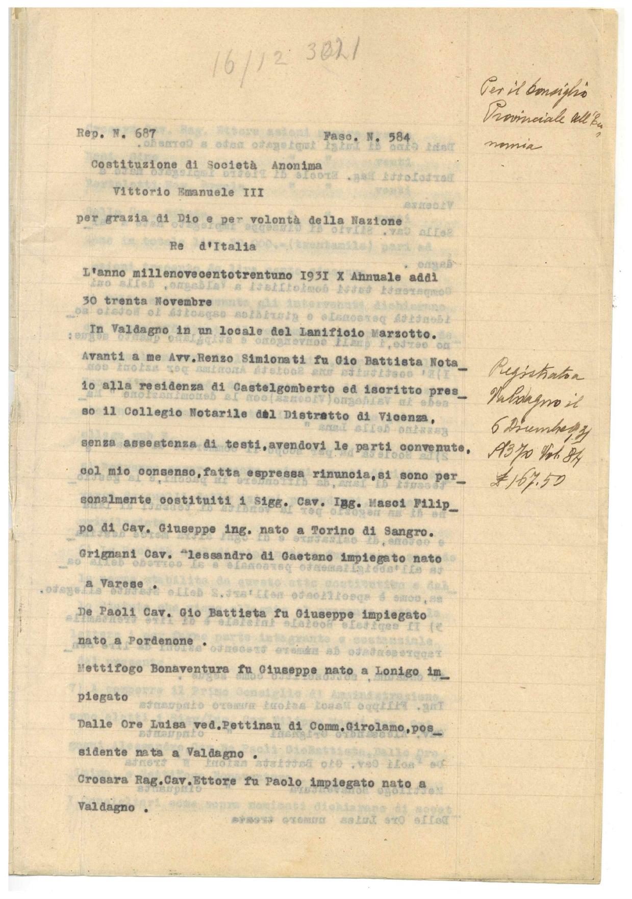 Prima pagina dell'atto costitutivo del 30 novembre 1931