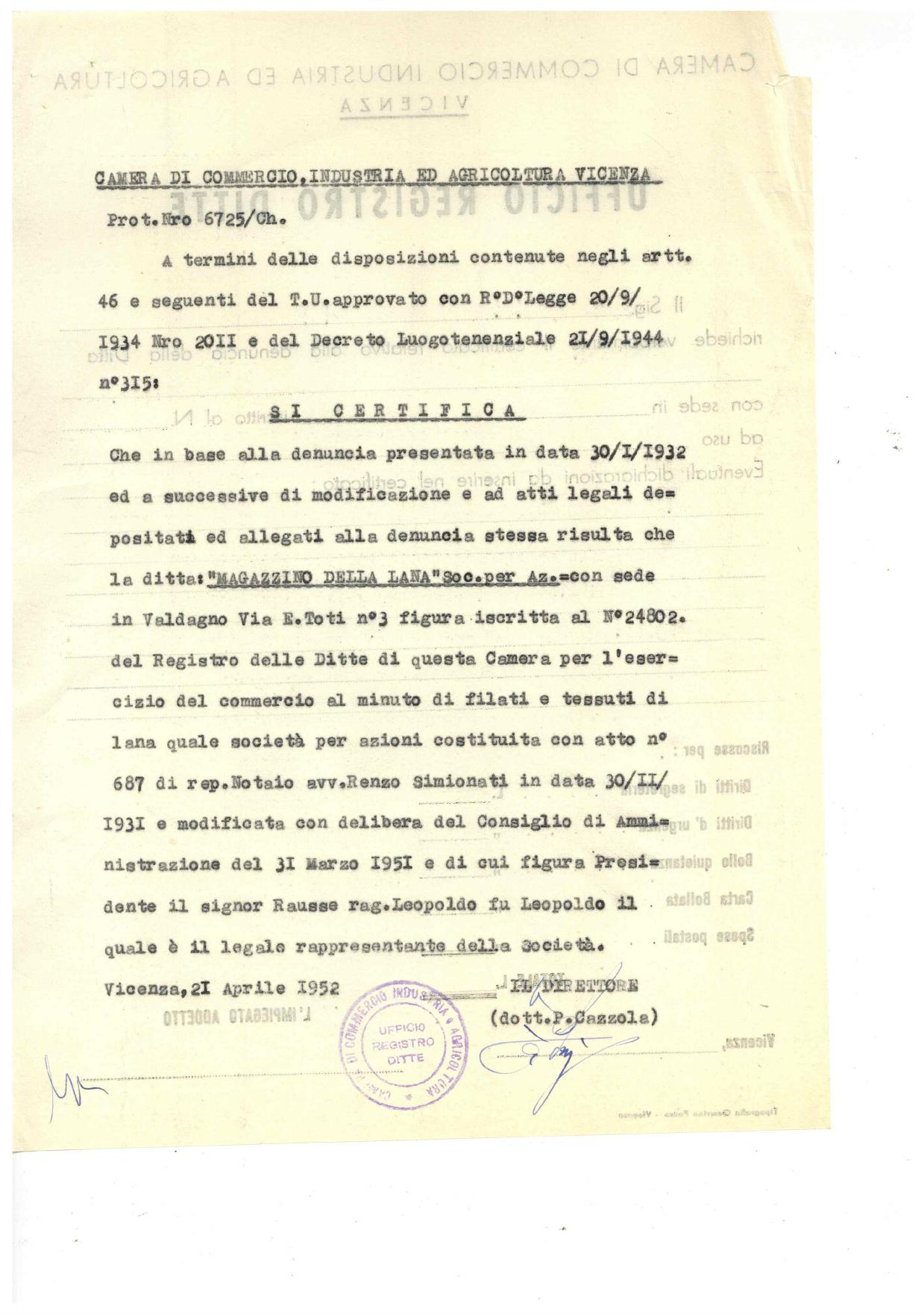 Certificato della Camera di Commercio di Vicenza